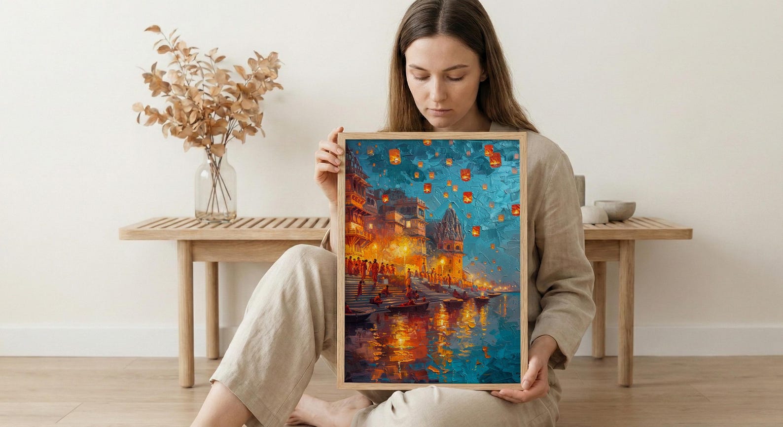 Varanasi Lantern Festival Oil Painting Poster, Ganges River Night Art Print, Indian Spiritual Wall Art, Floating Lanterns, Impasto Art — view 6