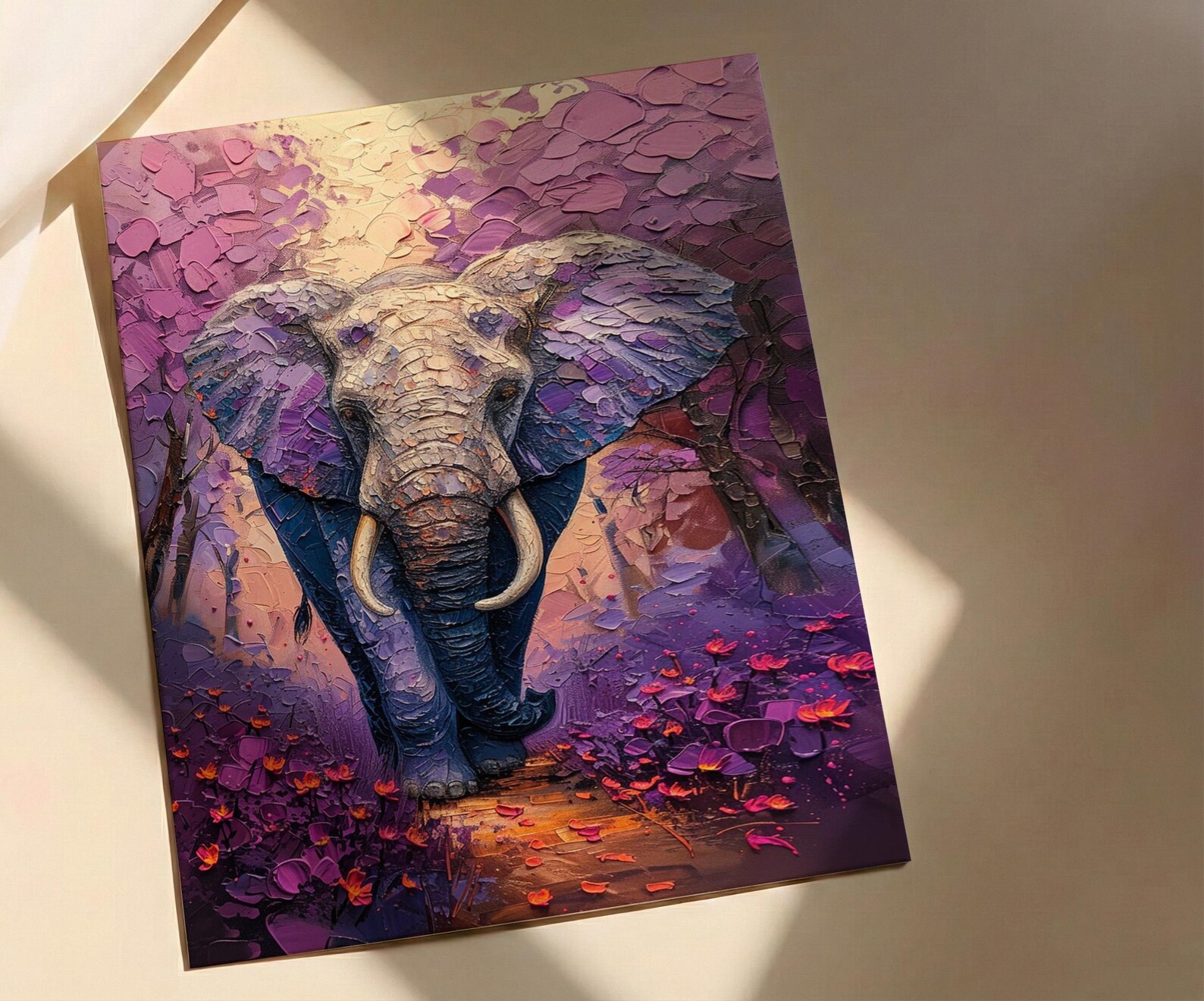 Elephant Jacaranda Tree Wall Art, Purple Floral African Decor - Textured Impasto Oil Painting — view 2