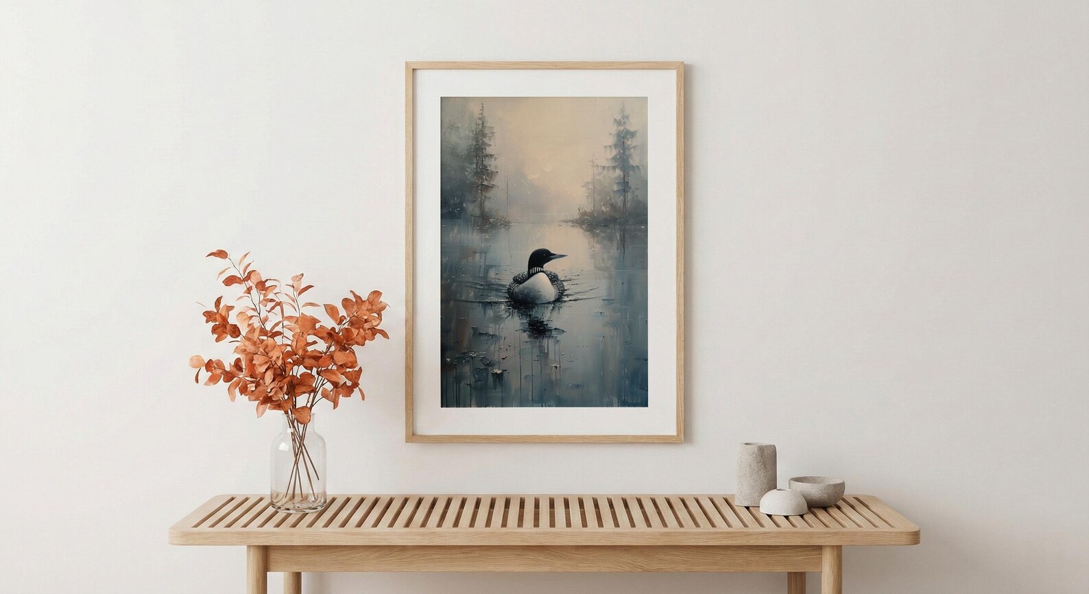 Loon Bird Misty Lake Poster, Calm Canadian Wildlife Decor - Deep Blue Summer Water — view 5