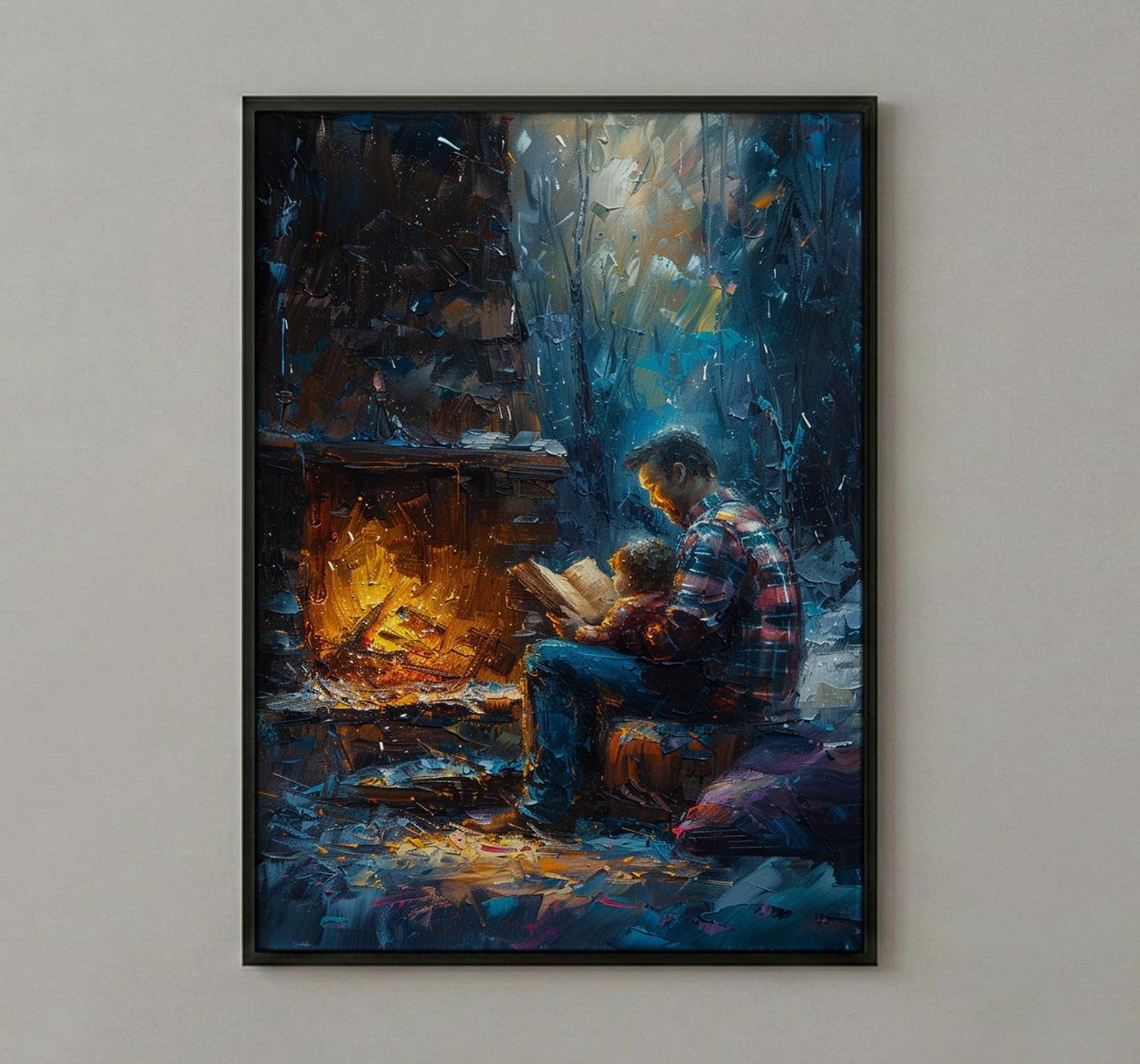 Father Reading Book Wall Art, Cozy Fireplace Decor - Family Storytime Print — view 2