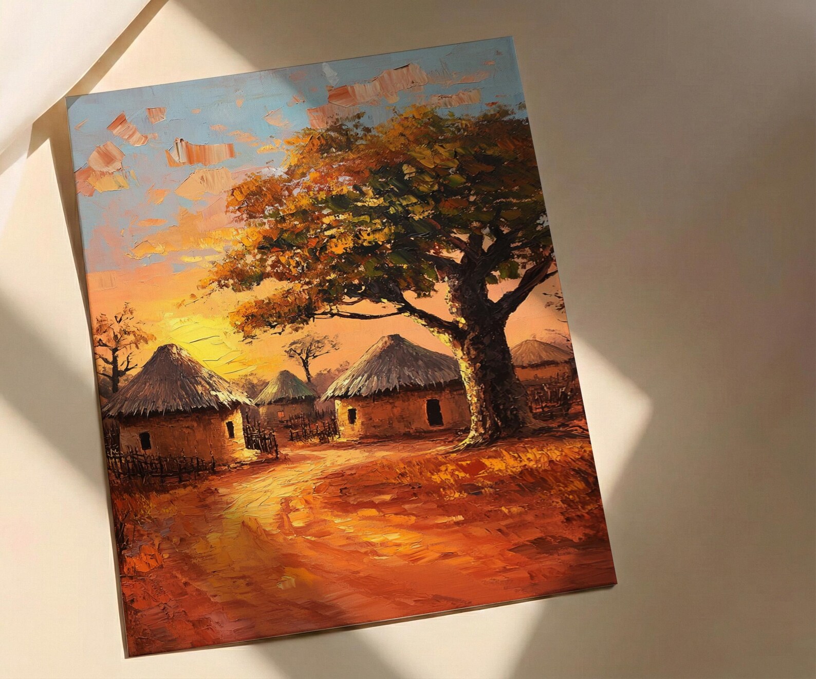 African Village Oil Painting Poster, Tribal Huts Art Print, Savanna Sunset Landscape, Rustic Home Decor, Impasto Texture Look — view 4