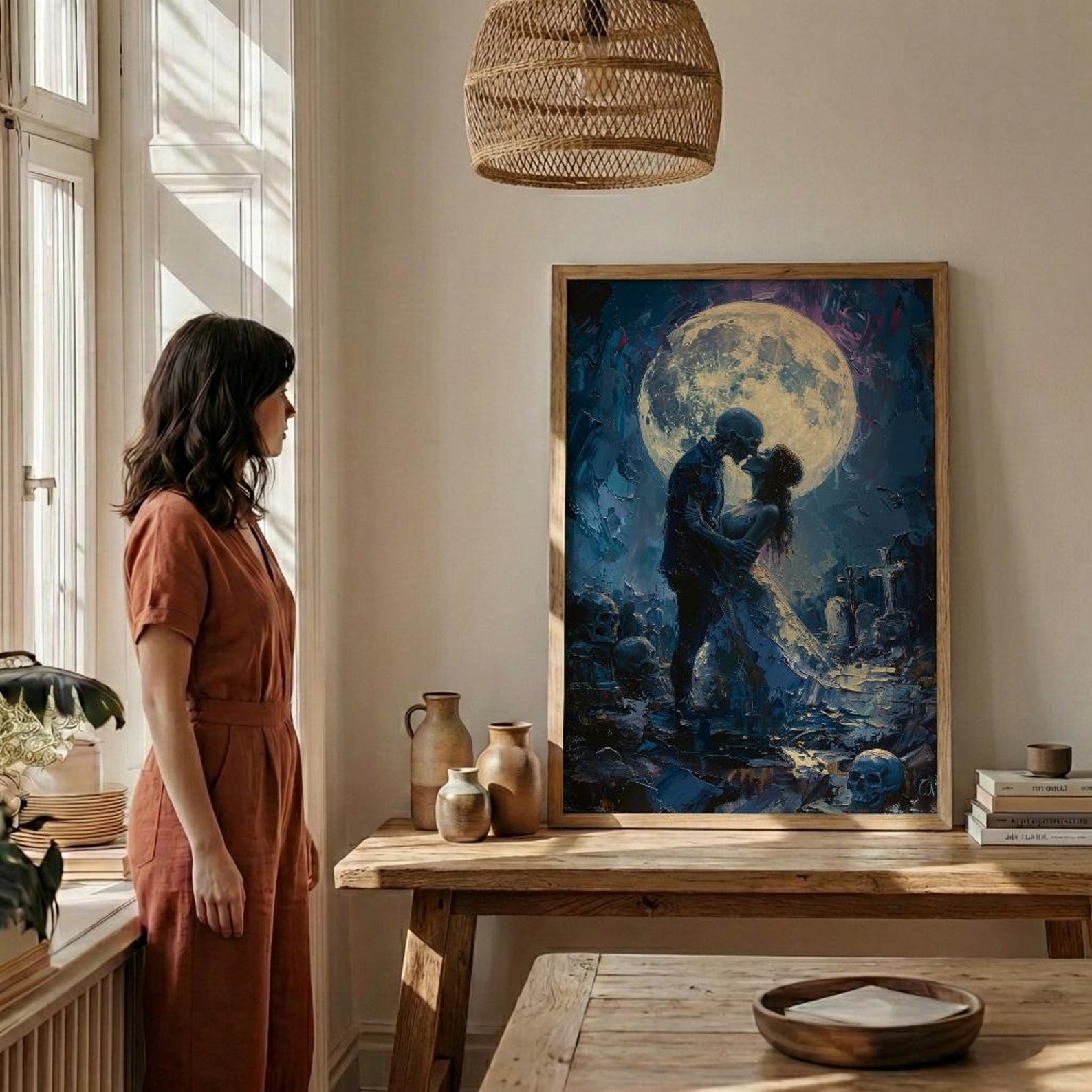 Skeleton Kiss Art, Full Moon Print, Gothic Romance Decor, Impasto Oil Painting, Night Sky, Cemetery Art, Dark Fantasy Love — view 5