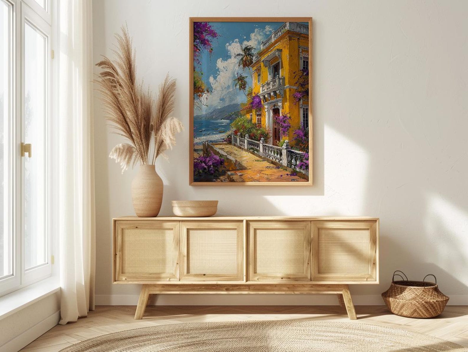 Pondicherry Wall Art, French India Print, Yellow Villa, Impasto Oil Painting, Bougainvillea, Colonial Style — view 2