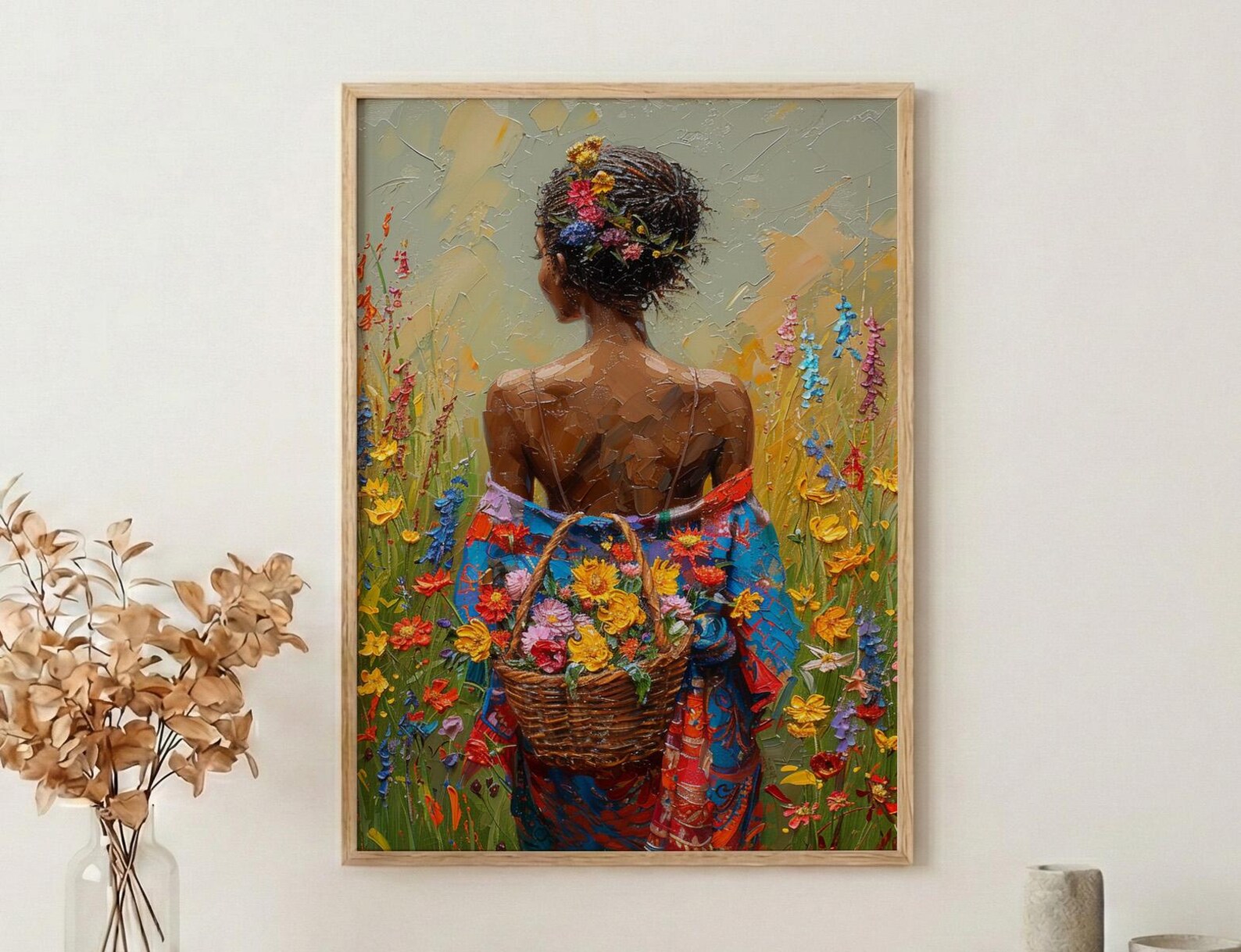 African Woman Floral Art Print, Cultural Female Wall Decor - Textured Impasto Oil Painting