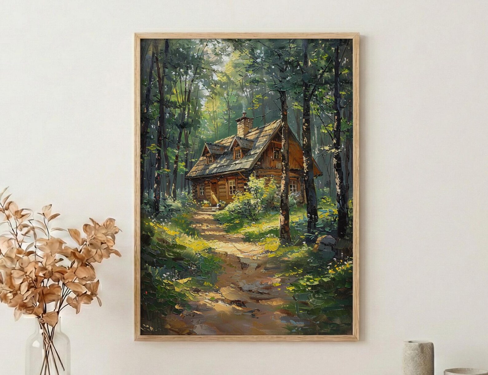 Wooden A Frame Cabin Poster, Lush Green Forest Decor - Warm Summer Sunlight View