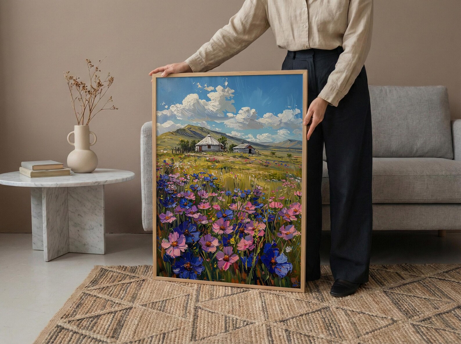 Mongolian Steppe Wall Art, White Yurt Spring Landscape - Living Room Decor — view 6