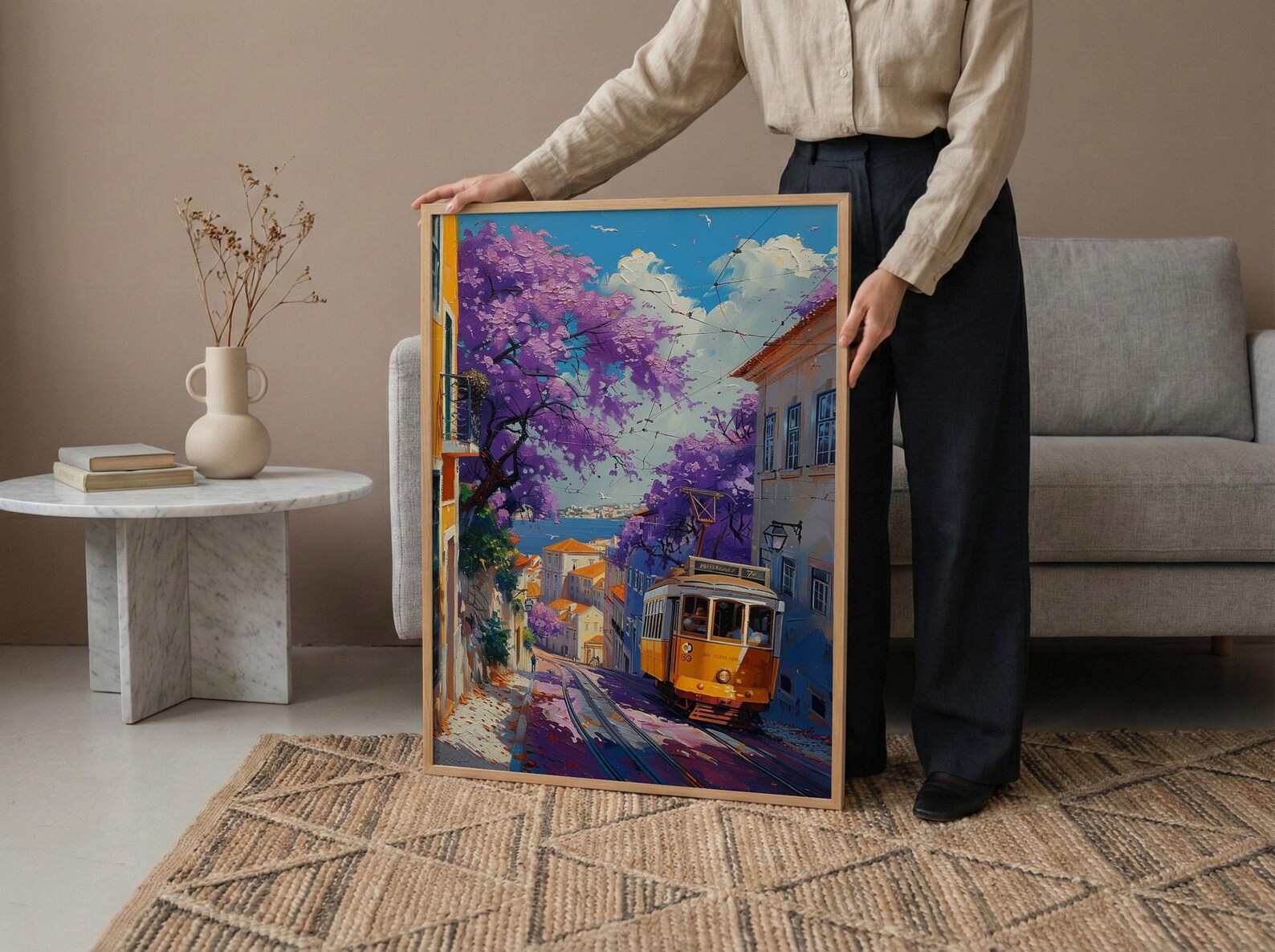 Lisbon Jacaranda Tram Poster, Purple Spring Street Decor - Palette Knife Painting Style — view 6