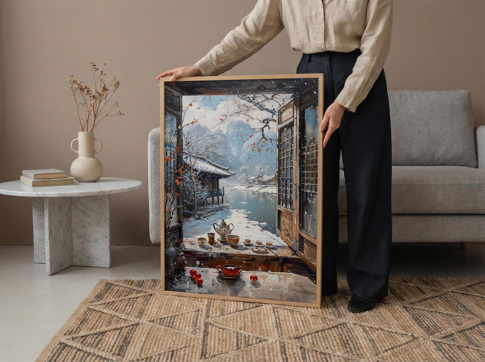 Korea Window Wall Art, Hanok Village Decor - Winter Snowy Tea Set — view 5