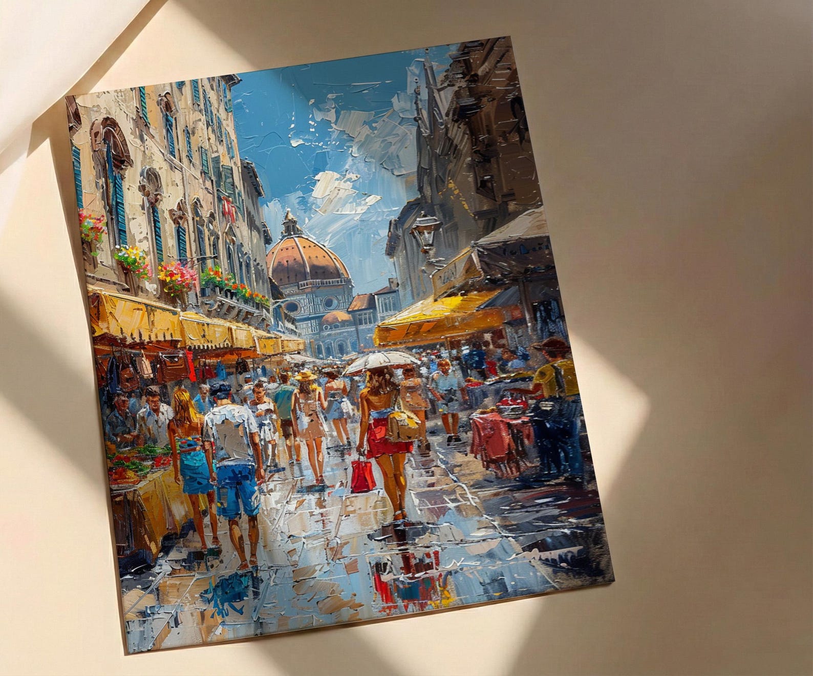 Florence Market City Poster, Italy Leather Home Decor - Vibrant Red Brown Bag Summer Landscape — view 3