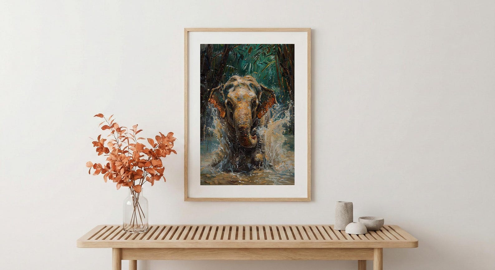 Thai Elephant Art Print, Tropical Jungle Decor - Splashing Water — view 5