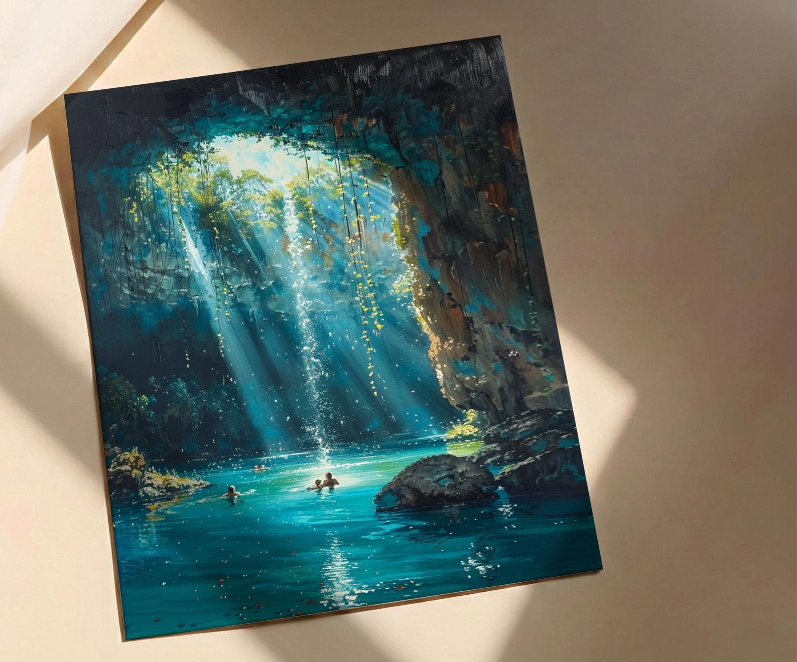 Cenote Art, Mexico Travel Print, Underwater Cave, Impasto Oil Painting, Blue Water Decor, Mystical Nature, Engagement Gift — view 4