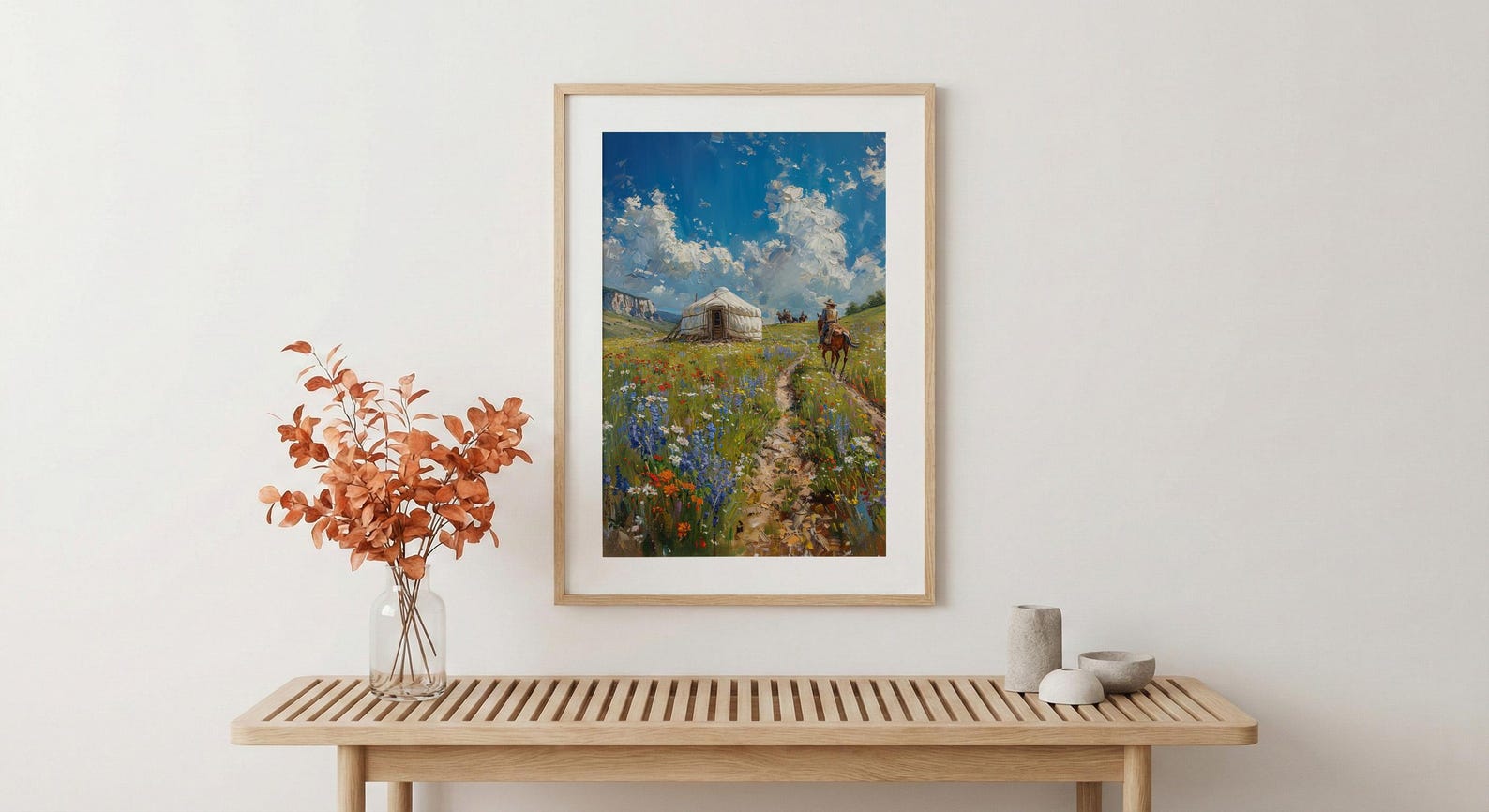 Mongolian Steppe Art, White Yurt Decor - Nomad Summer Print — view 5