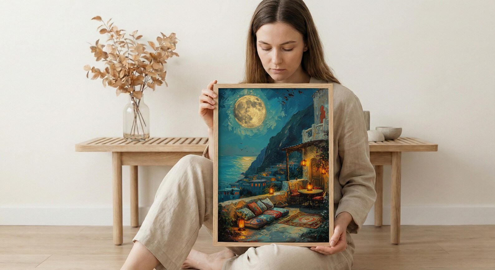 Rooftop Terrace Art, Moroccan Lanterns, Night City View, Impasto Oil Painting, Romantic Evening, Boho Decor, Travel Lover Gift — view 6