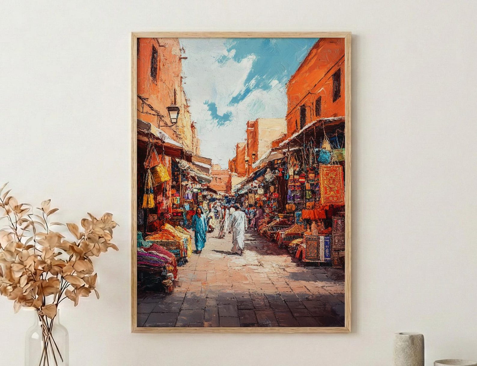 Moroccan Market Oil Painting Poster, Marrakech Medina Art Print, Colorful Souk Bazaar Wall Art, Impasto Travel Decor, Boho Street