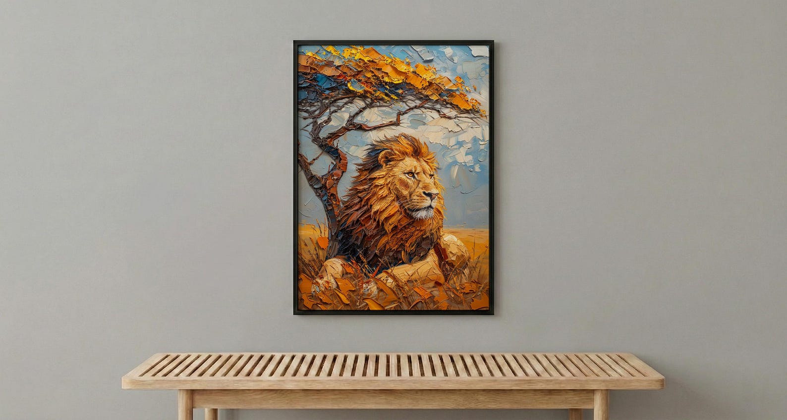 African Lion Wall Art, Acacia Tree Decor - Summer Savanna Landscape — view 6