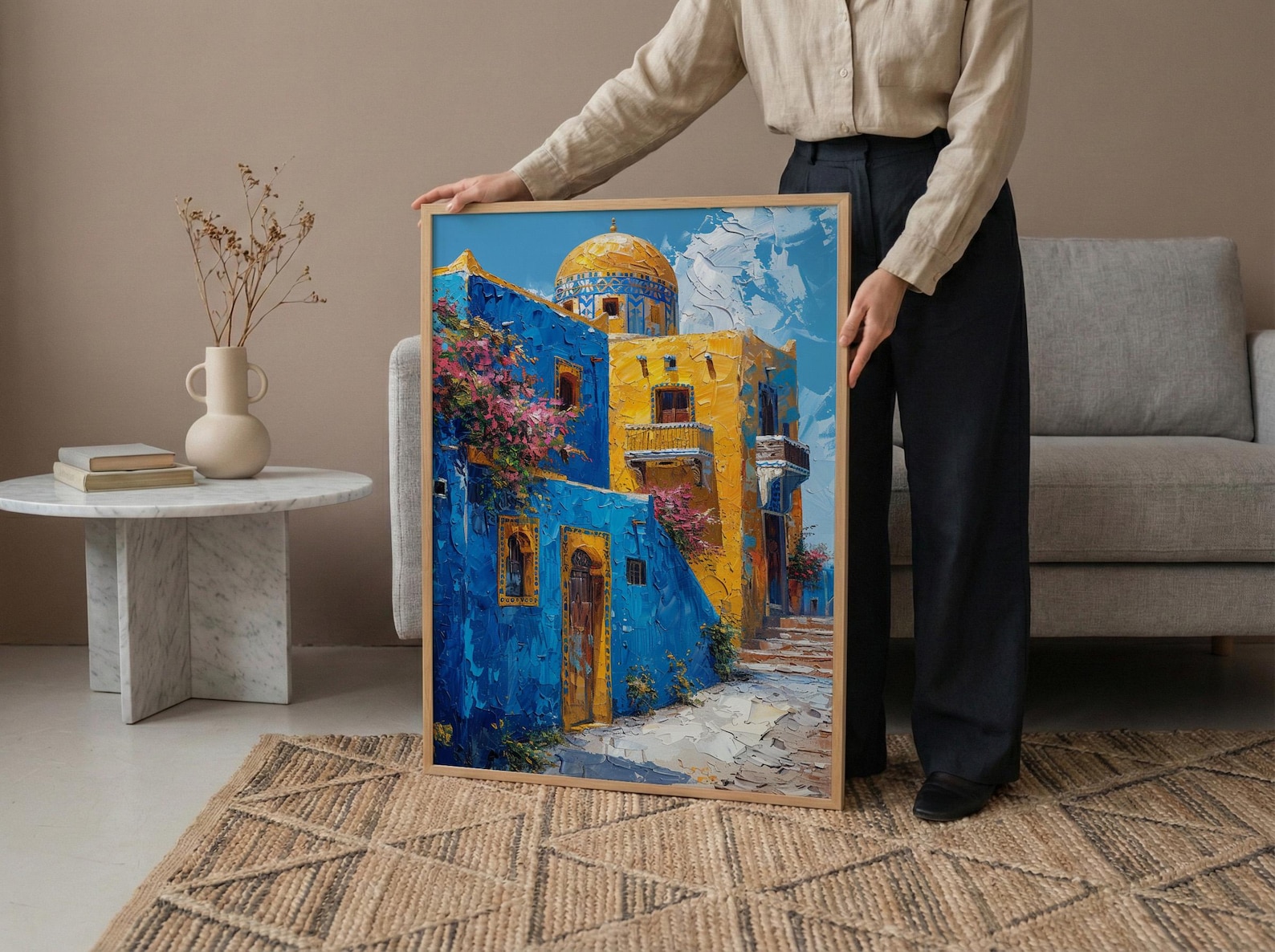 Egypt Wall Art, Nubian House Print, Colorful Aswan, Impasto Oil Painting, Geometric Pattern, African Boho — view 6