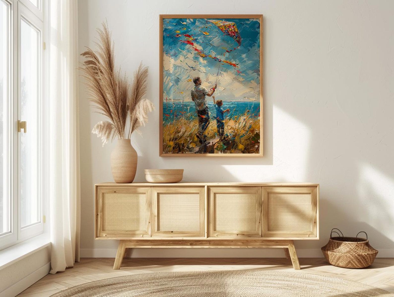Flying A Kite Poster, Father And Son Decor - Windy Day Landscape Art — view 4