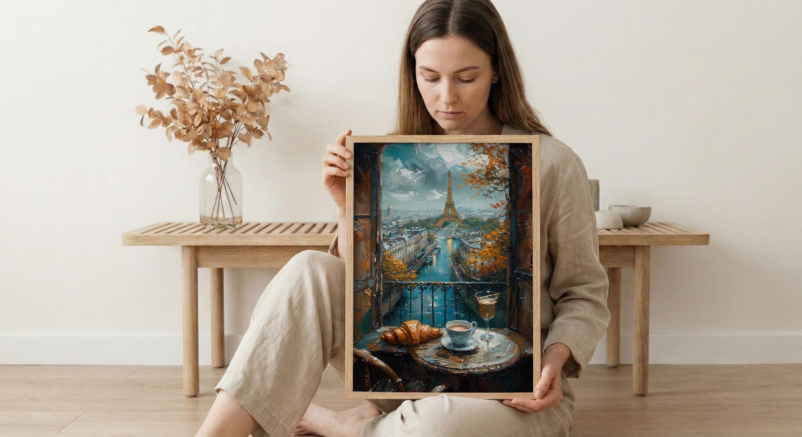 Paris Window Art Print, Eiffel Tower Decor - Croissant Cafe Landscape — view 5
