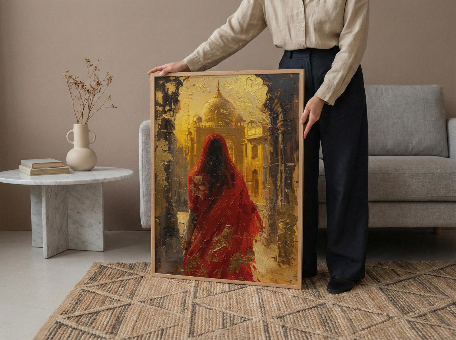 Indian Woman in Red Sari Oil Painting Poster, Golden Temple Art Print, Mystical India Wall Art, Luxury Cultural Decor, Impasto Style Print — view 5
