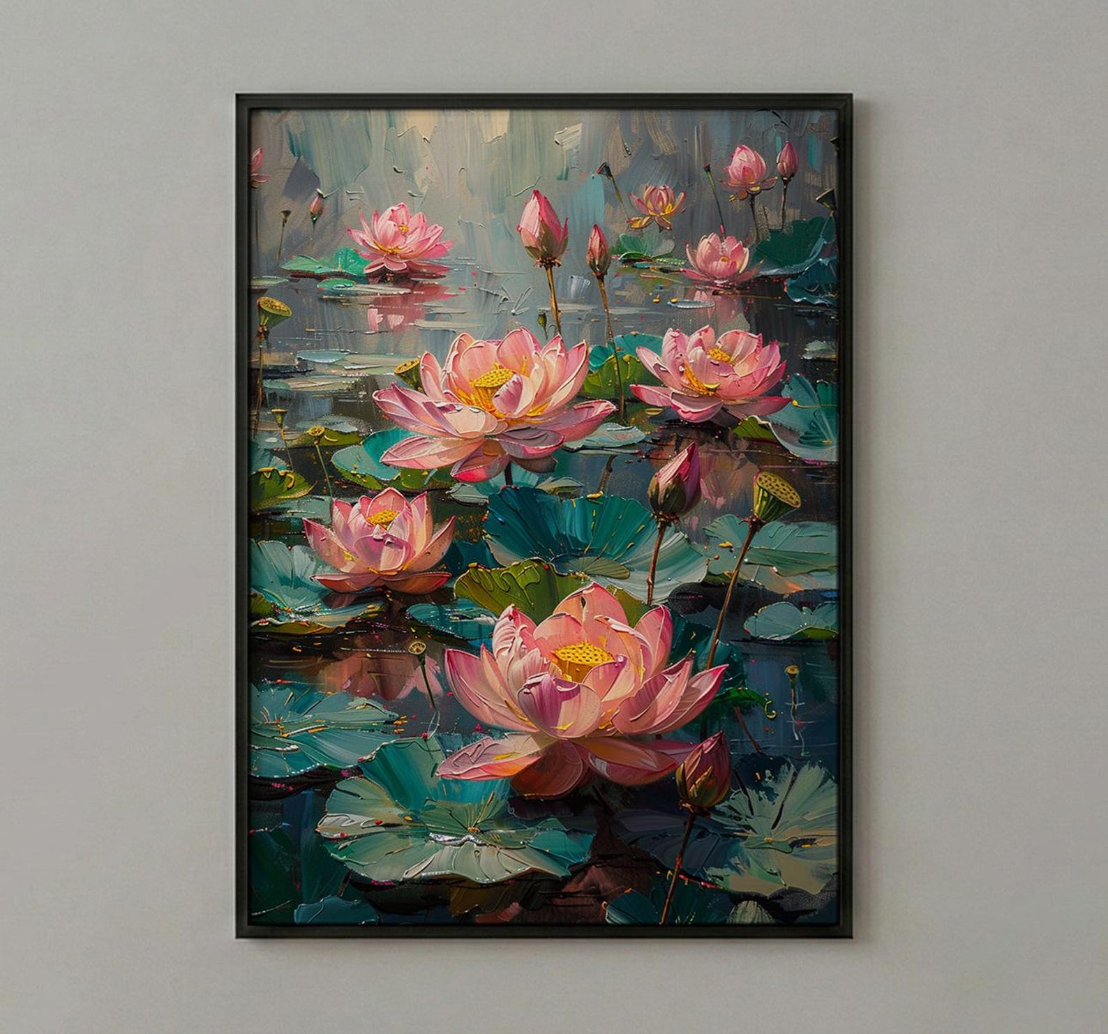Sacred Lotus Pond Wall Art, Pink Spring Yoga Decor - Palette Knife Painting Style — view 2