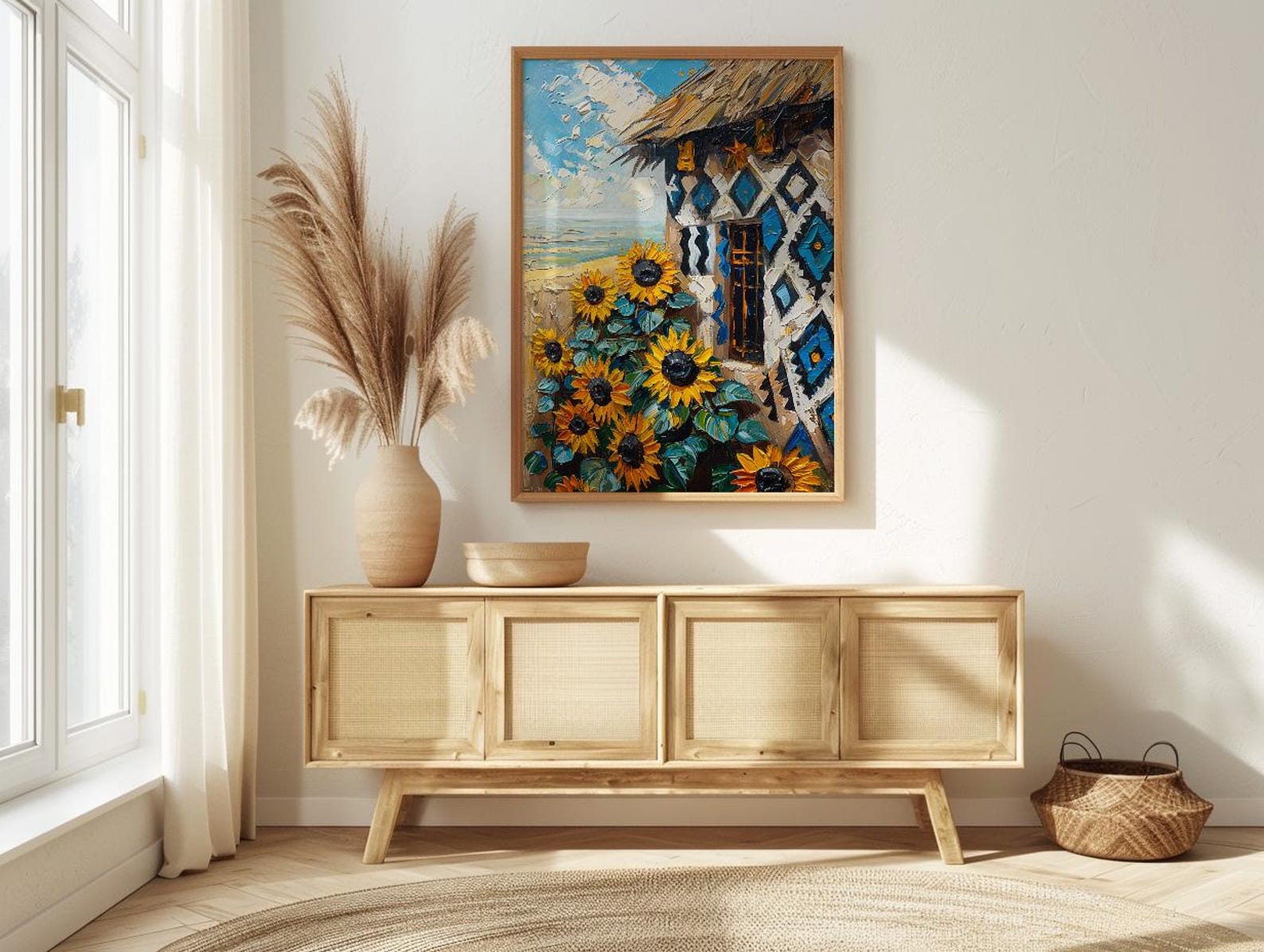 African Tribal Art, Ndebele Geometric Print, Colorful South Africa Wall Decor, Impasto Sunflower Painting, Modern Heritage — view 6