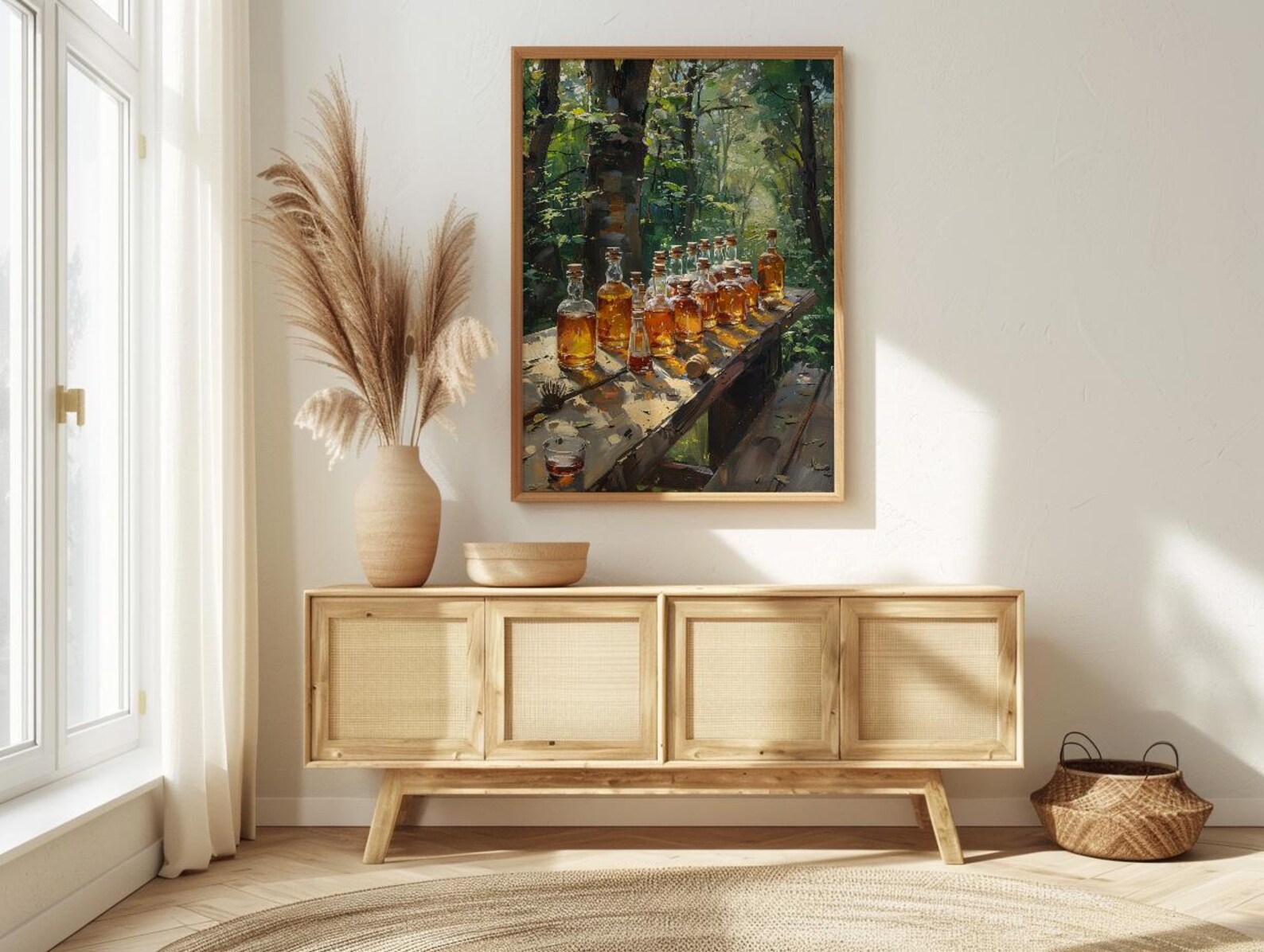 Canadian Maple Syrup Art Print, Green Forest Nature Decor - Rustic Wooden Table Summer View — view 3