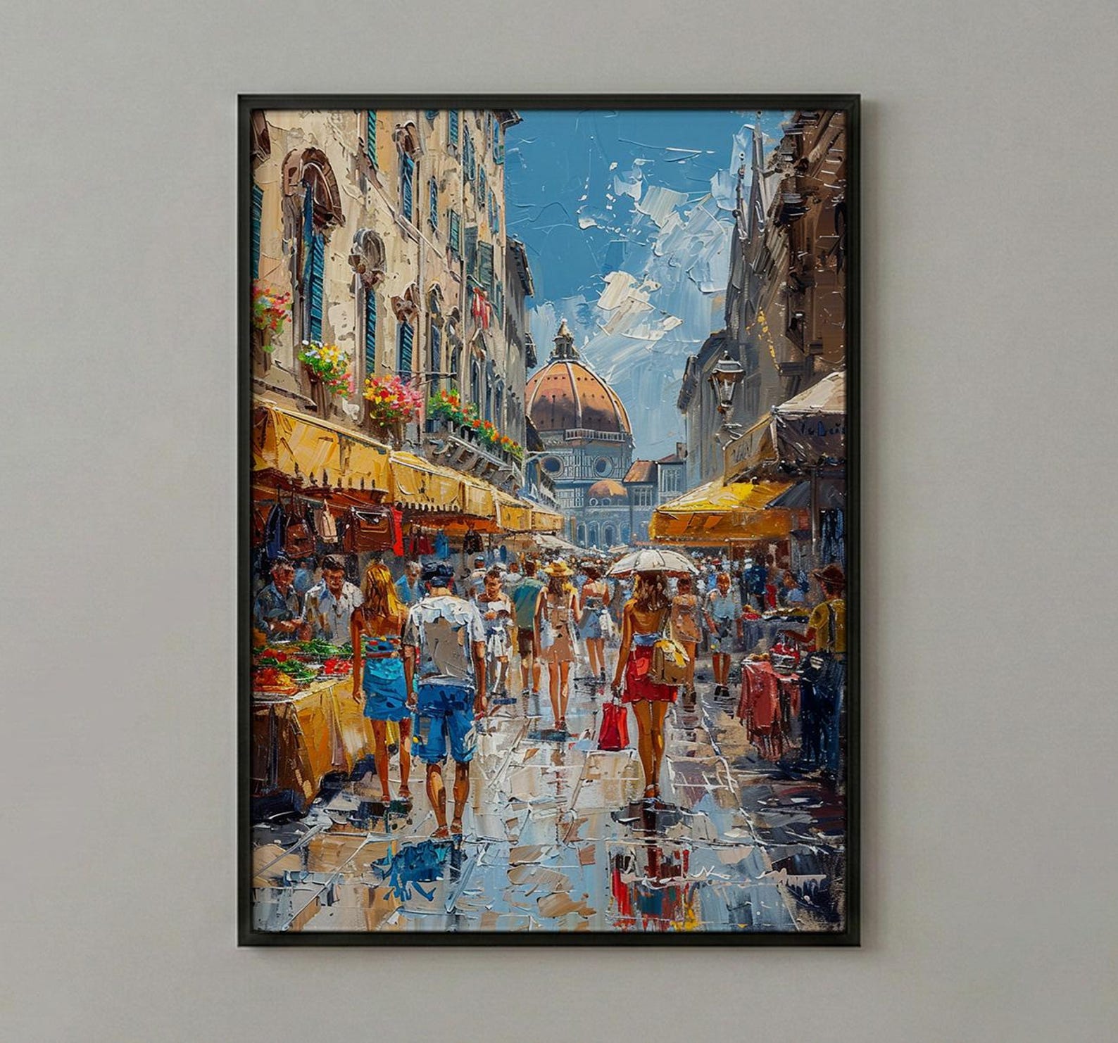 Florence Market City Poster, Italy Leather Home Decor - Vibrant Red Brown Bag Summer Landscape — view 2