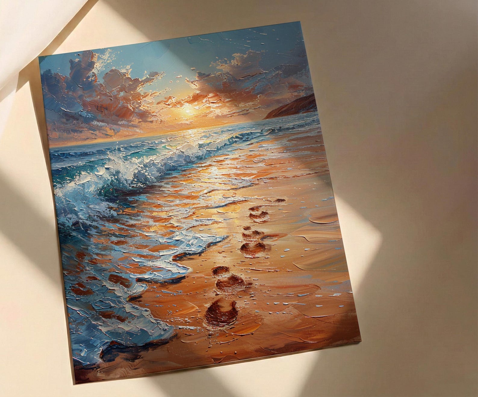 Beach Footprints Poster, Romantic Ocean Print - Palette Knife Painting Style — view 3
