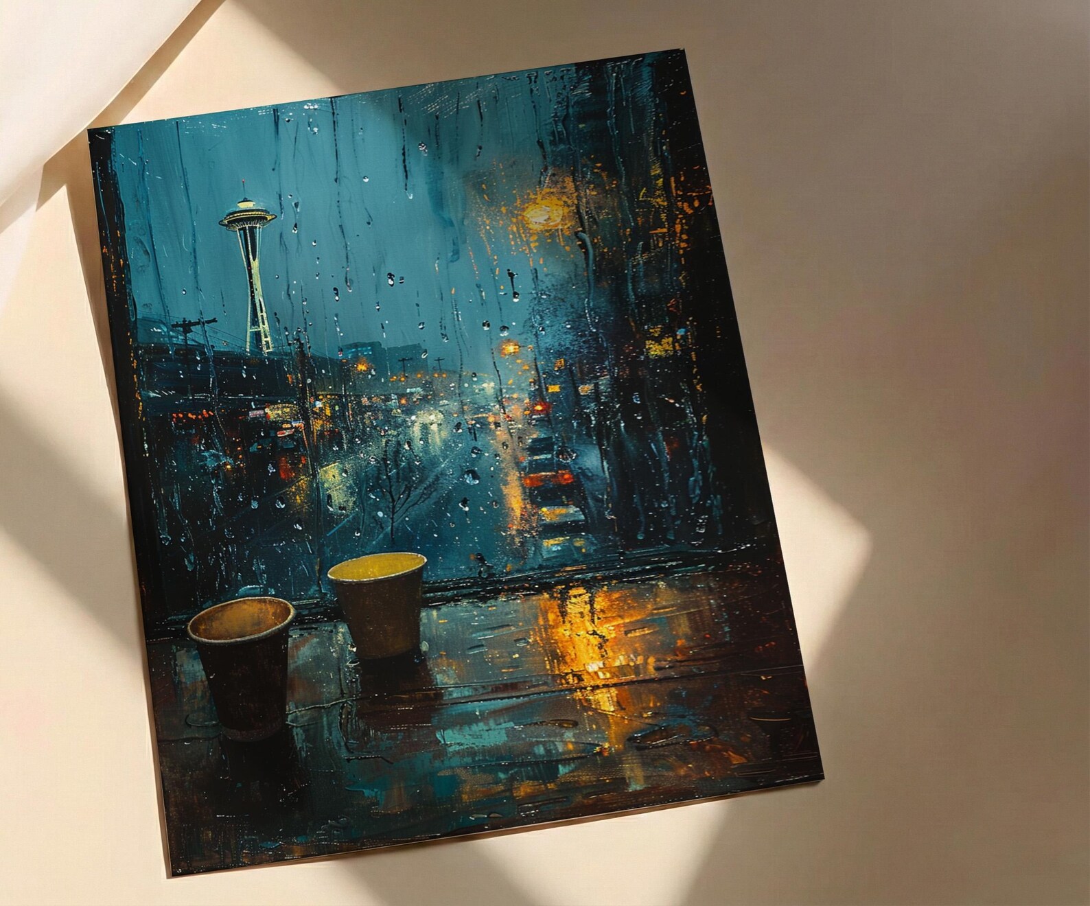 Seattle Wall Art, Rainy Window View, Space Needle Print, Coffee Lover Decor, Moody City Painting — view 2