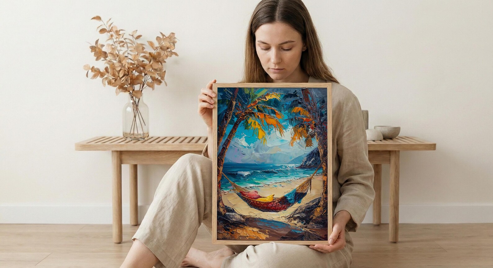 Tropical Palm Hammock Poster, Relaxing Beach Summer Decor - Bright Sky Secluded Ocean — view 6
