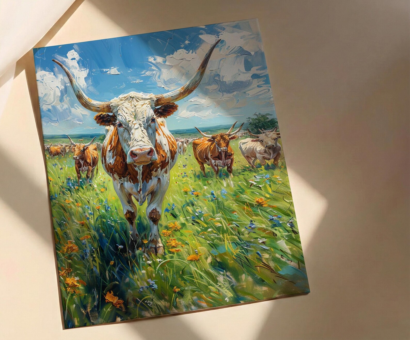 Texas Longhorn Cattle Poster, Western Animal Nature Decor - Lush Green Summer Pasture Blue Sky — view 5