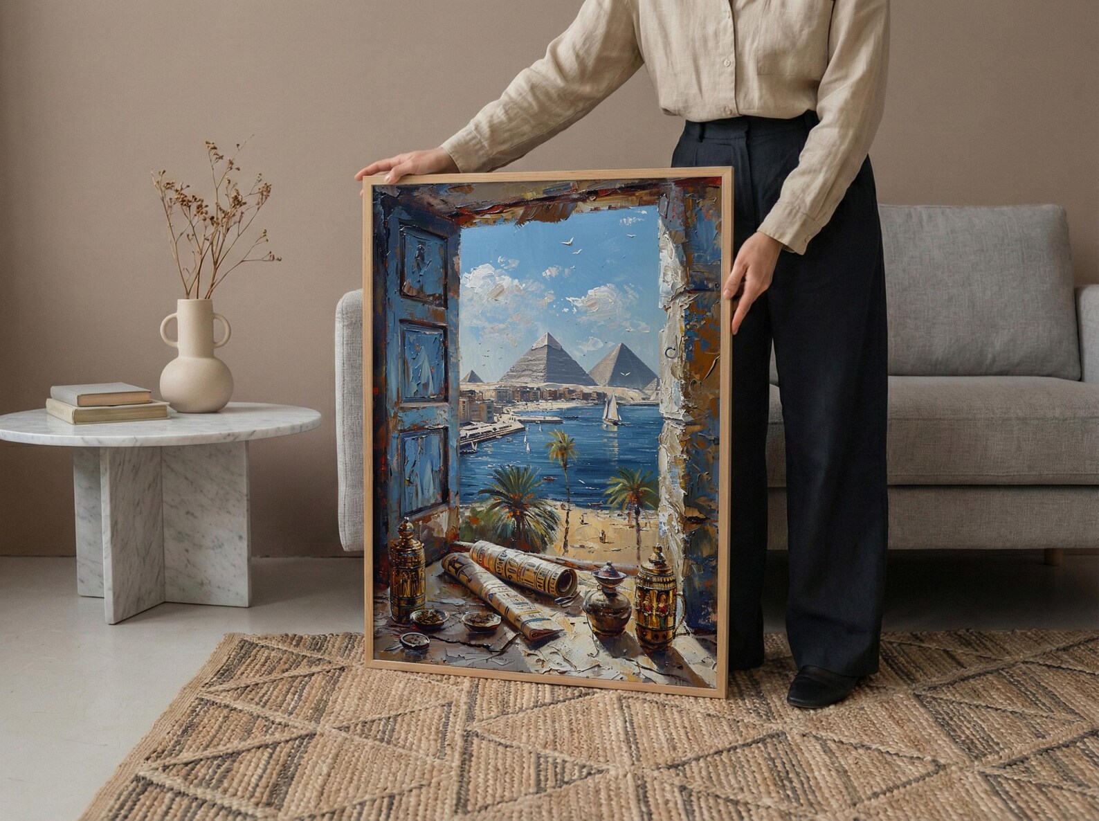 Egypt Window Wall Art, Great Pyramid Decor - Sphinx Desert Landscape — view 5