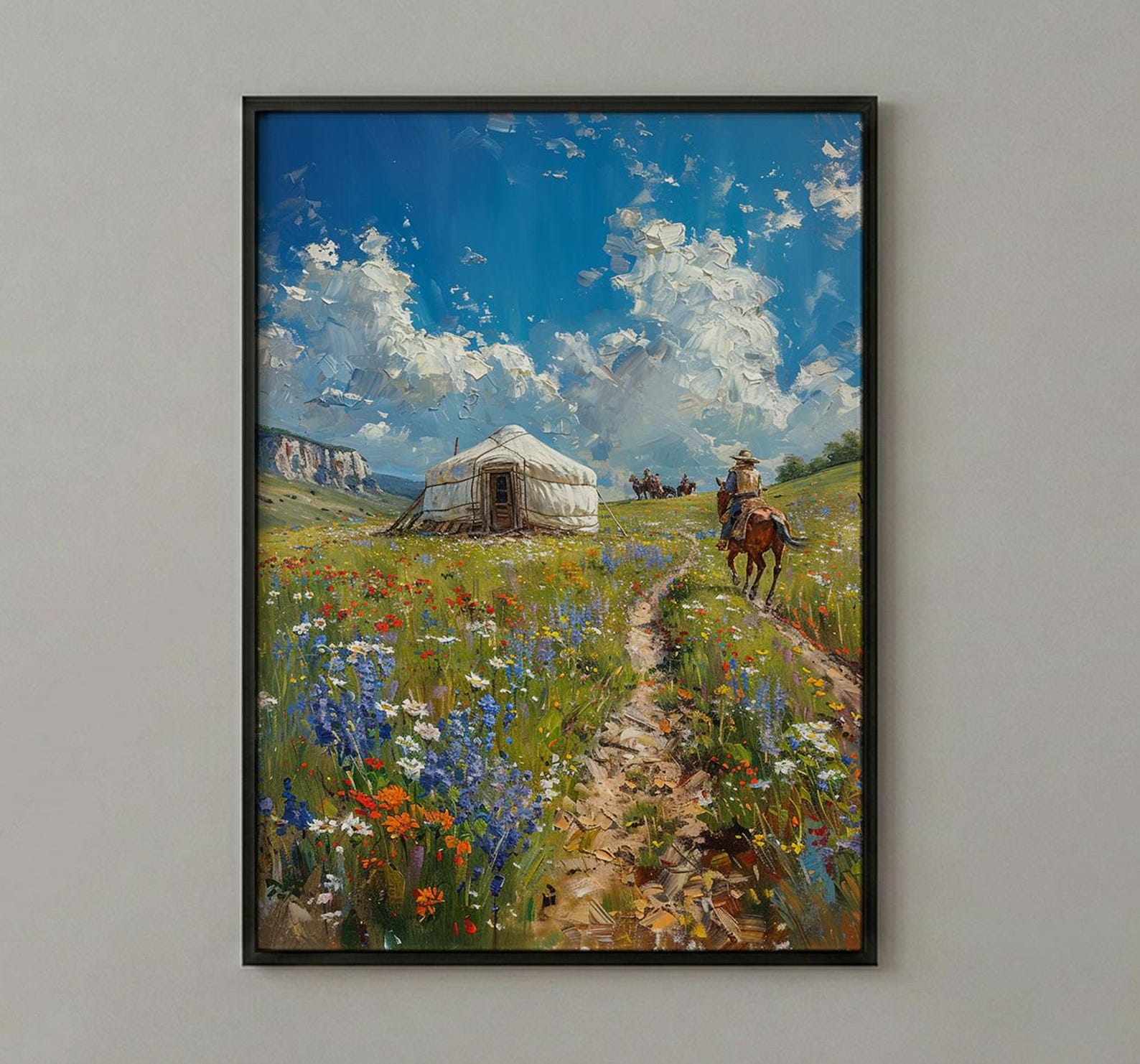 Mongolian Steppe Art, White Yurt Decor - Nomad Summer Print — view 2
