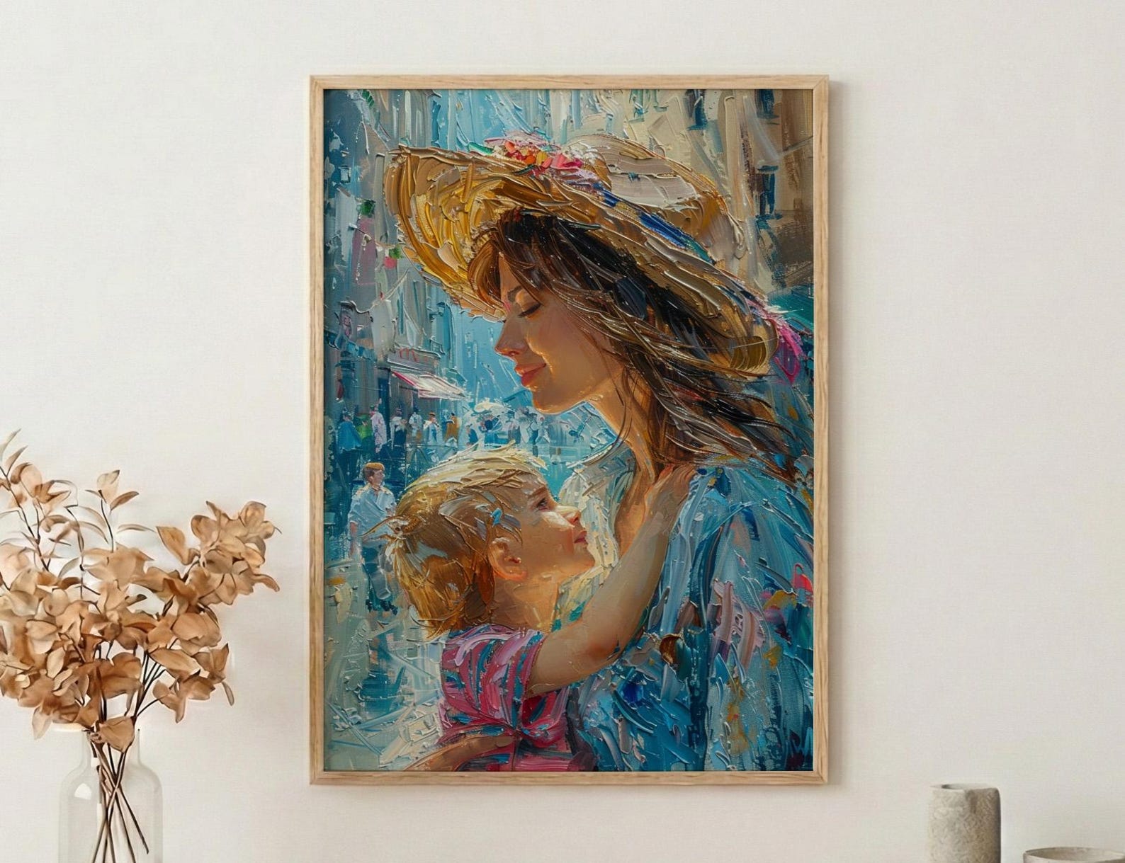 Italian Piazza Art Print, Mother Son Poster - Thick Oil Painting Style
