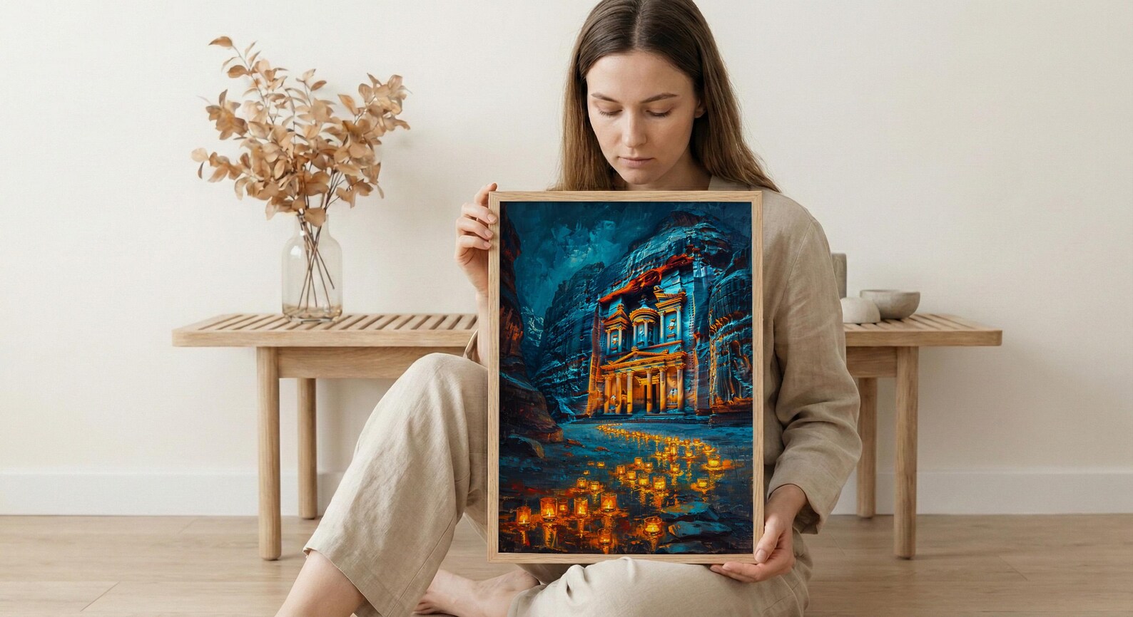 Petra Jordan Wall Art, Treasury Print, Ancient Ruins, Impasto Oil Painting, Night Candle Decor, History Lover Gift, Travel Lover Gift — view 5