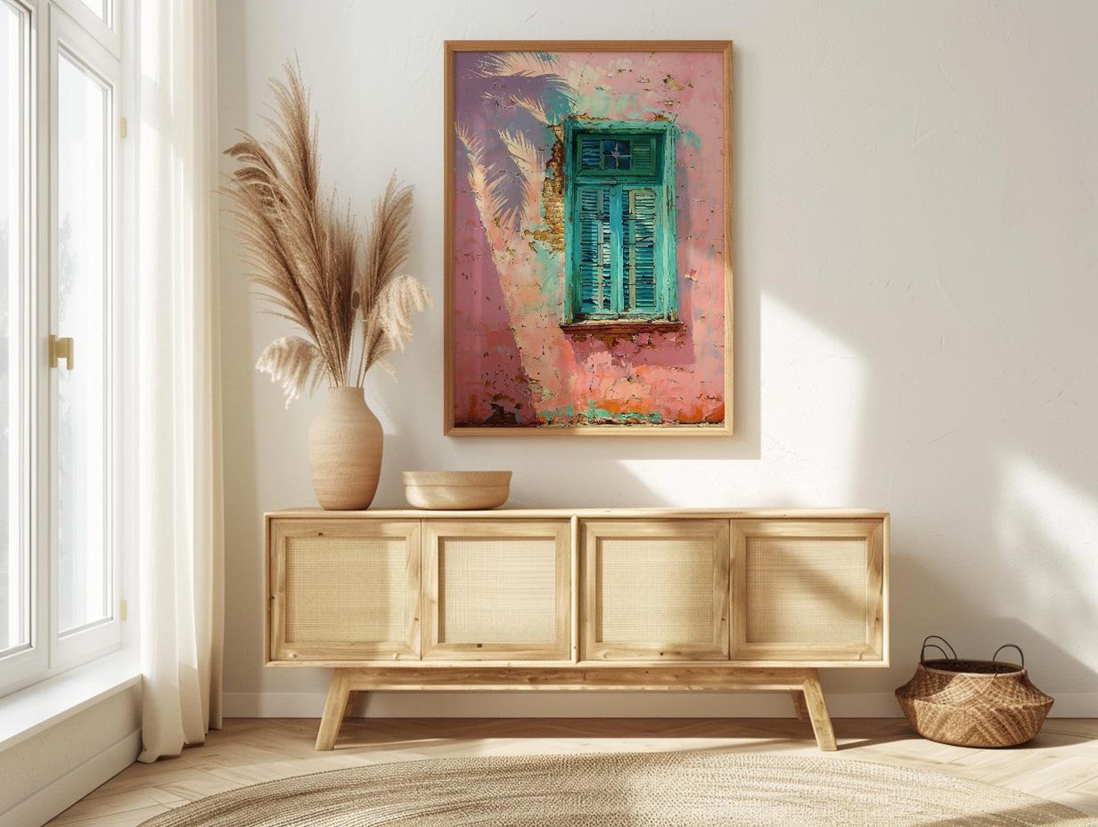 Havana Cuba Wall Art, Pink Wall Decor, Turquoise Window, Impasto Oil Painting, Pastel Tropical Print, Caribbean Vibe — view 4