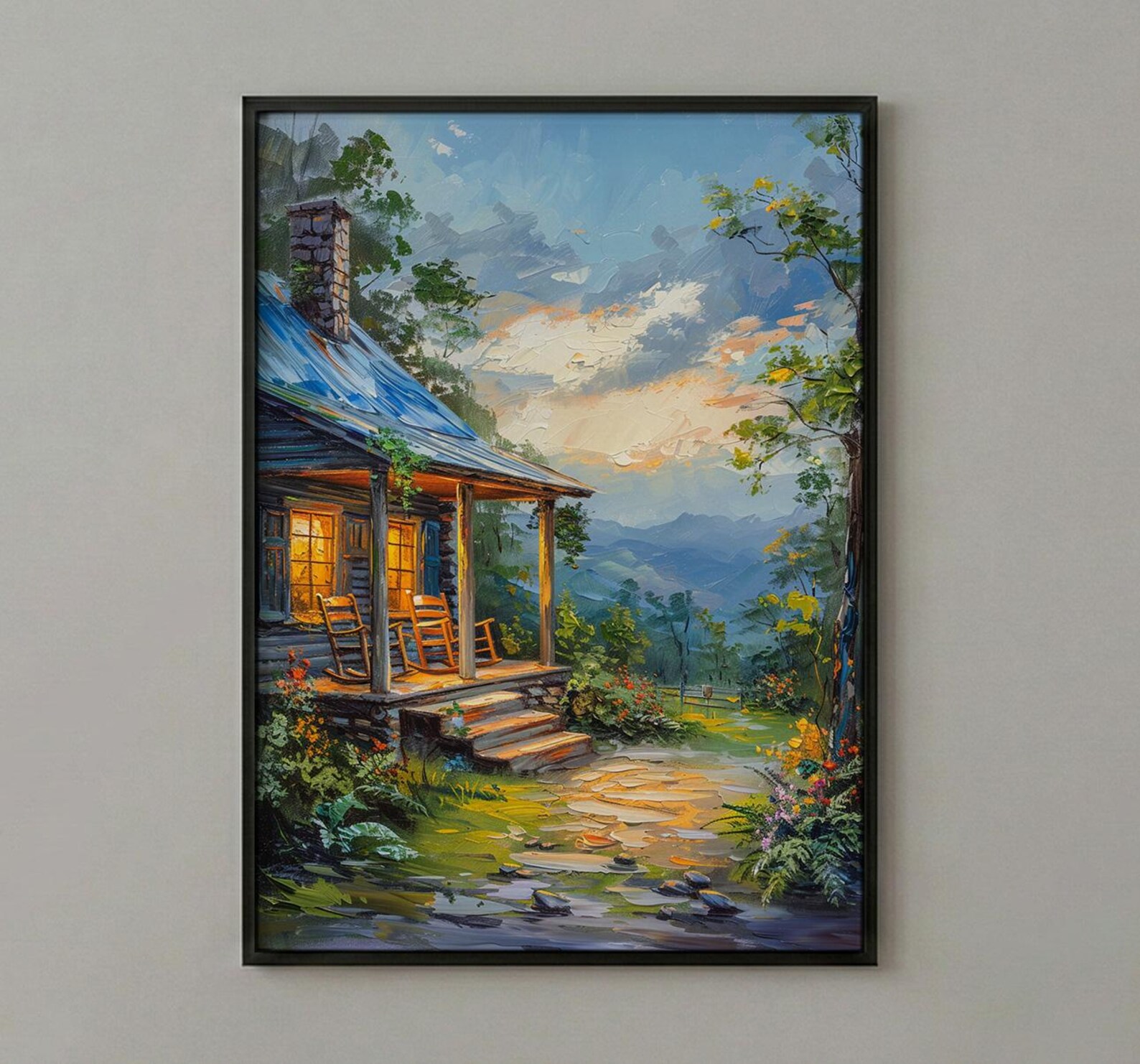 Cabin Porch Rocking Chair Poster, Cozy Wood House Decor - Green Fern Summer Forest — view 2