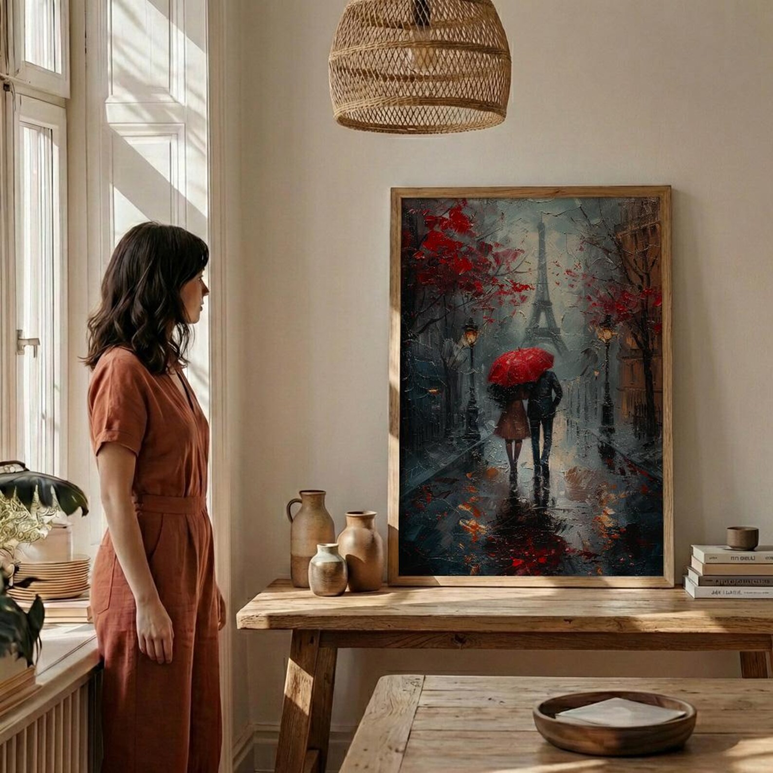 Paris Wall Art, Eiffel Tower Print, Romantic Couple Gift, Impasto Oil Painting, Rainy Paris Street, Wedding Gift, Red Umbrella — view 5