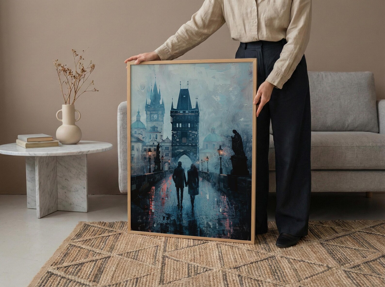Prague Wall Art, Charles Bridge Print, Gothic Decor, Impasto Oil Painting, Foggy Morning, Moody Landscape, Dark Academia — view 6