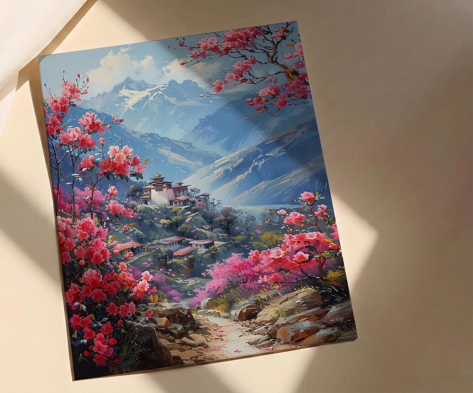 Bhutan Mountain Valley Wall Art, Red Rhododendron Decor - Living Room Decor — view 2