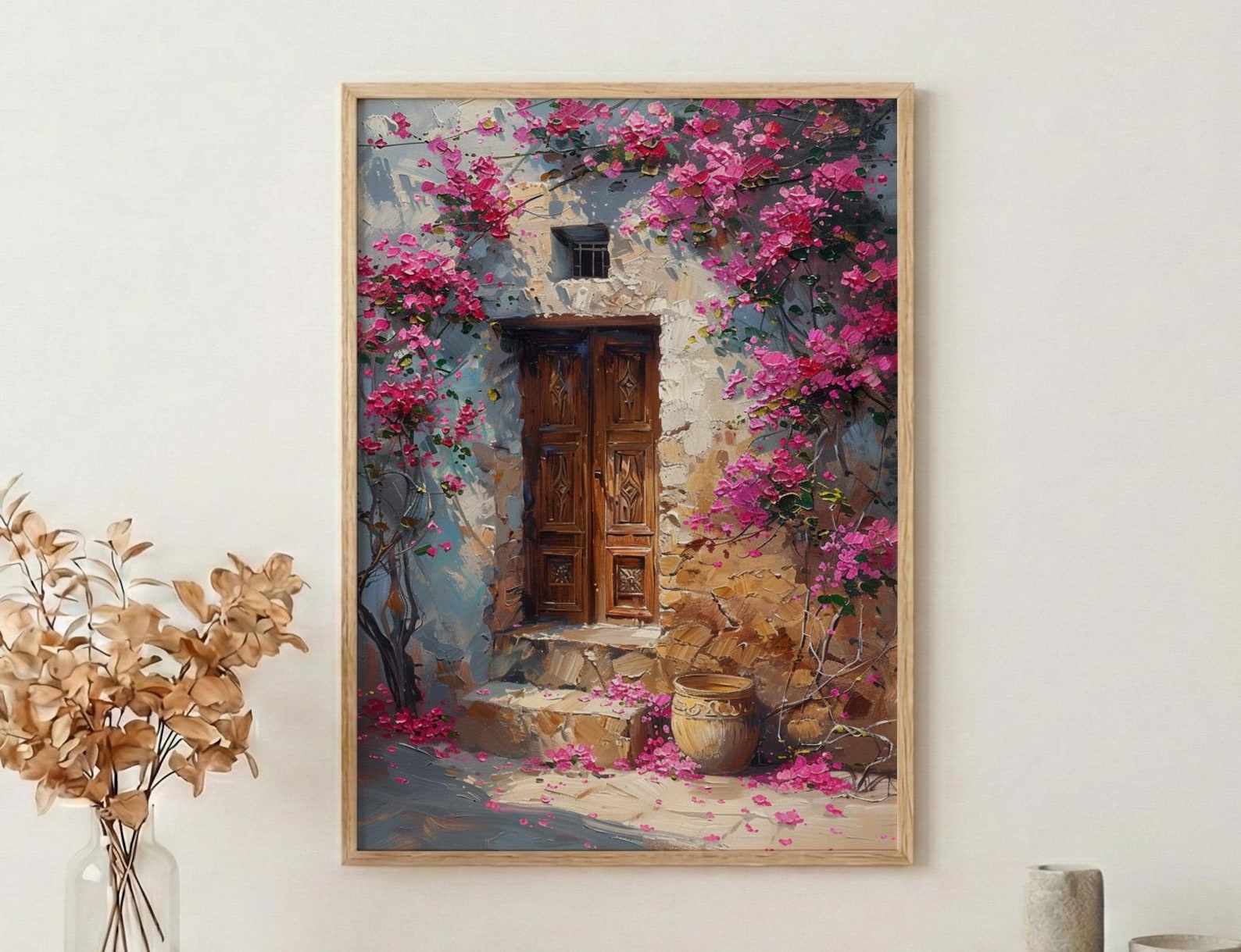 Old Door Art, Bougainvillea Print, Secret Garden, Impasto Oil Painting, Rustic Wall Decor, Pink Flowers, Anniversary Gift
