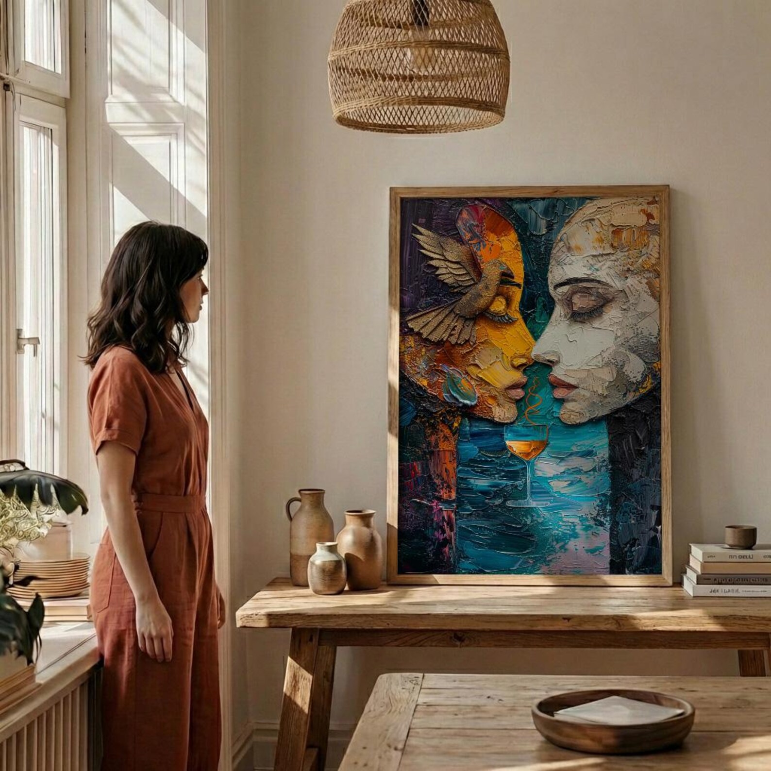 Soulmate Gift, Two of Cups Tarot Print, Impasto Art, Wedding Gift, Twin Flame Connection, Abstract Couple Drinking, Love Art — view 3