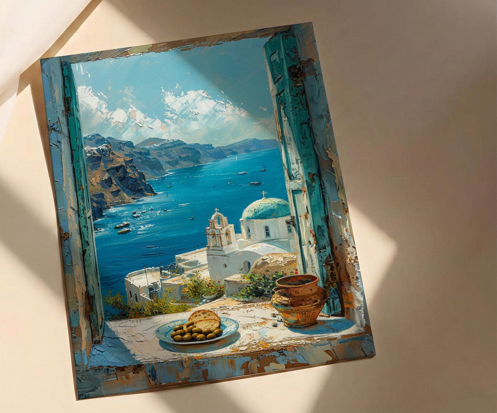 Santorini Window Art Print, Blue Dome Decor - Aegean Sea Greek Landscape — view 3