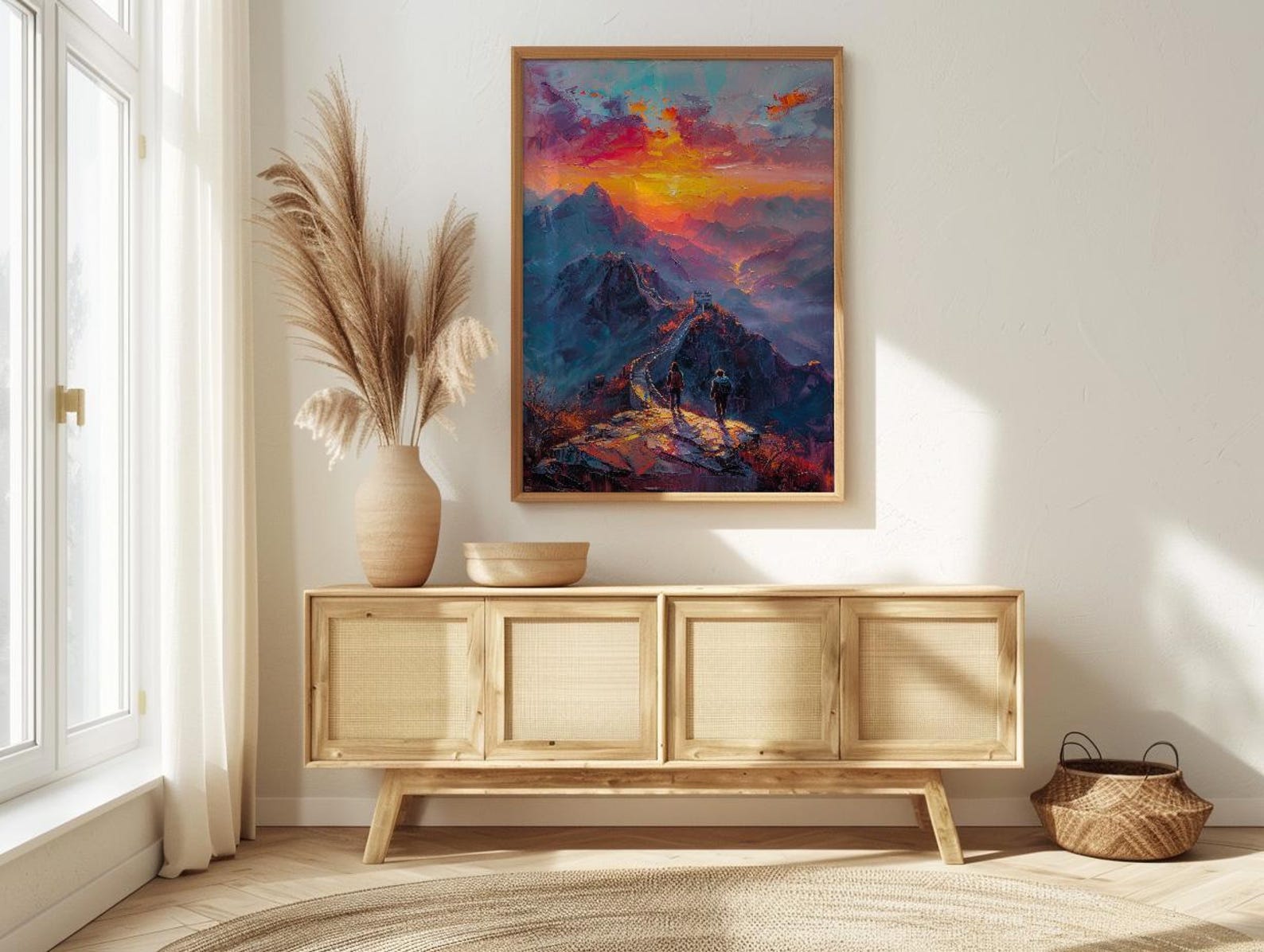 China Art Print, Great Wall Poster, Ancient Sunrise Wall Art, Couple Hiking Painting, Asian History Decor — view 3