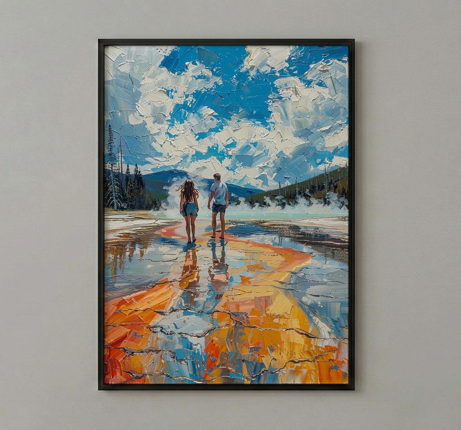 Yellowstone Wall Art, National Park Couple Print, Geyser Landscape Painting, Nature Travel Decor, Colorful Thermal Art — view 3