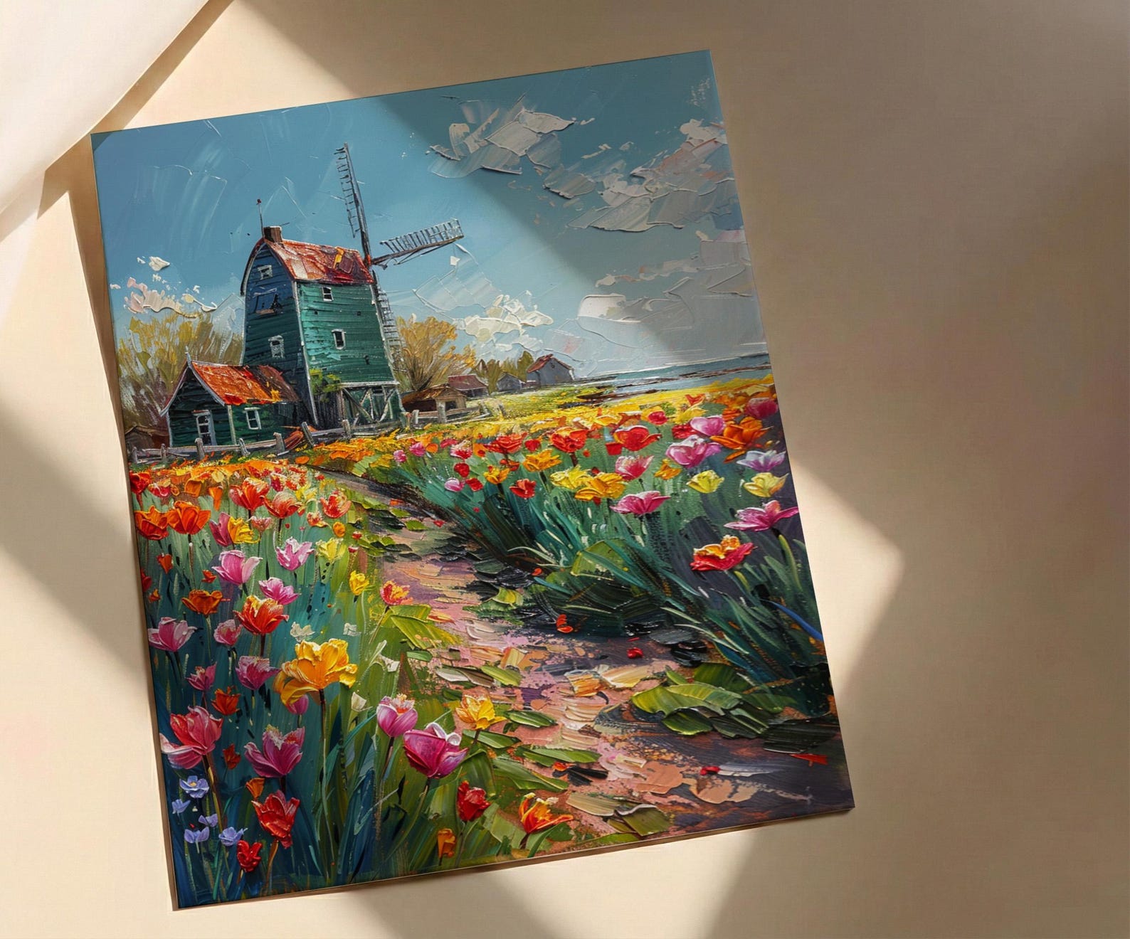 Zaanse Schans Windmill Wall Art, Spring Tulip Poster - Palette Knife Painting Style — view 2