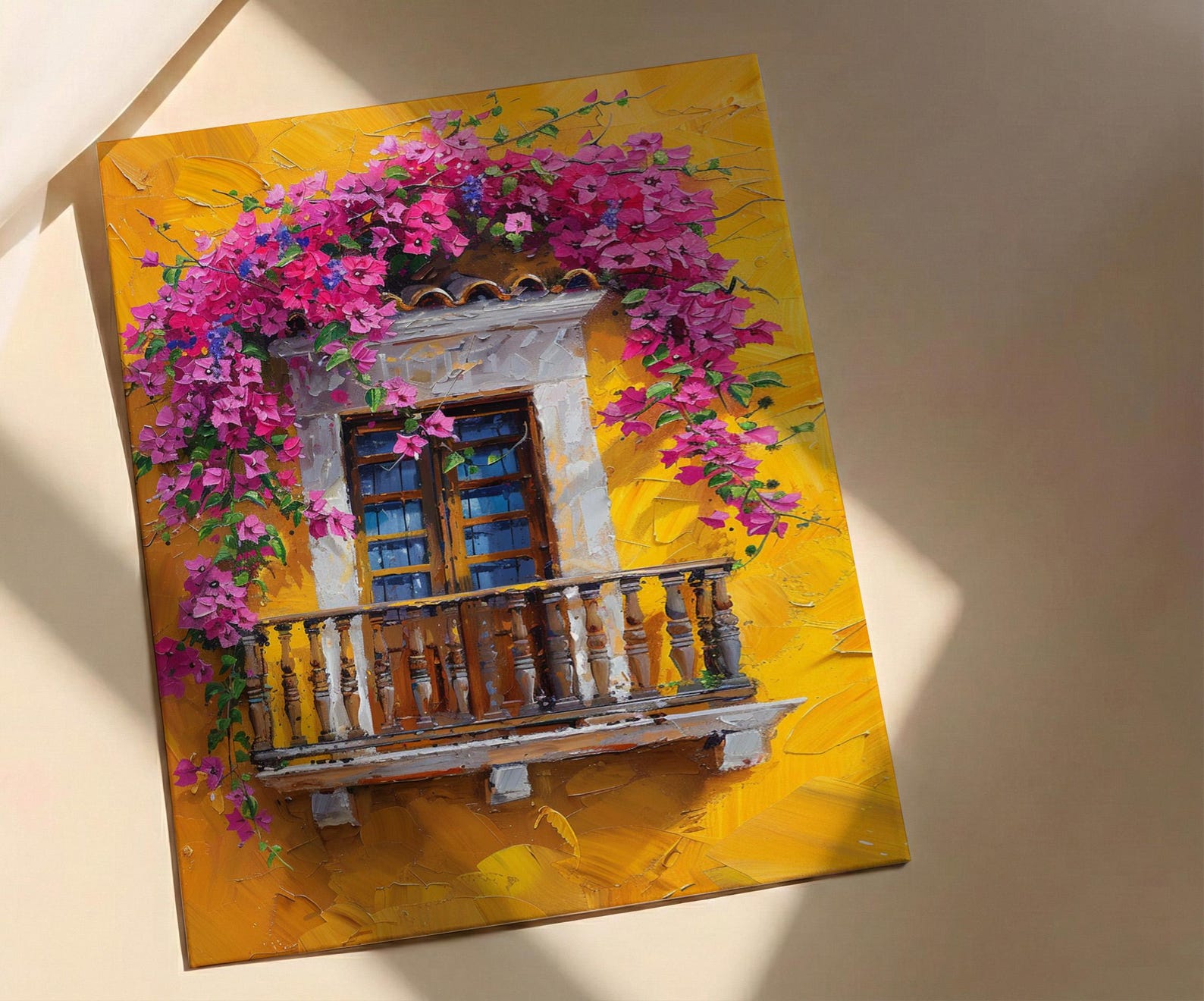 Cartagena Colombia Oil Painting Poster, Pink Bougainvillea Art Print, Yellow Wall Decor, Latin American Balcony Wall Art, Impasto Floral — view 4