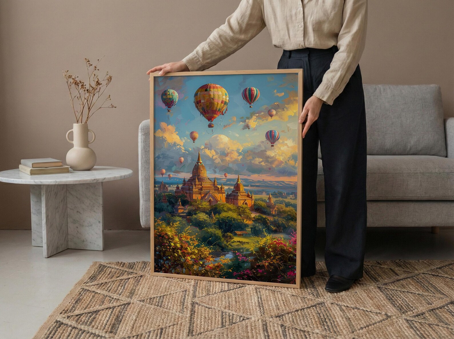 Bagan Hot Air Balloon Poster, Ancient Temple Spring Art - Textured Impasto Oil Painting — view 6
