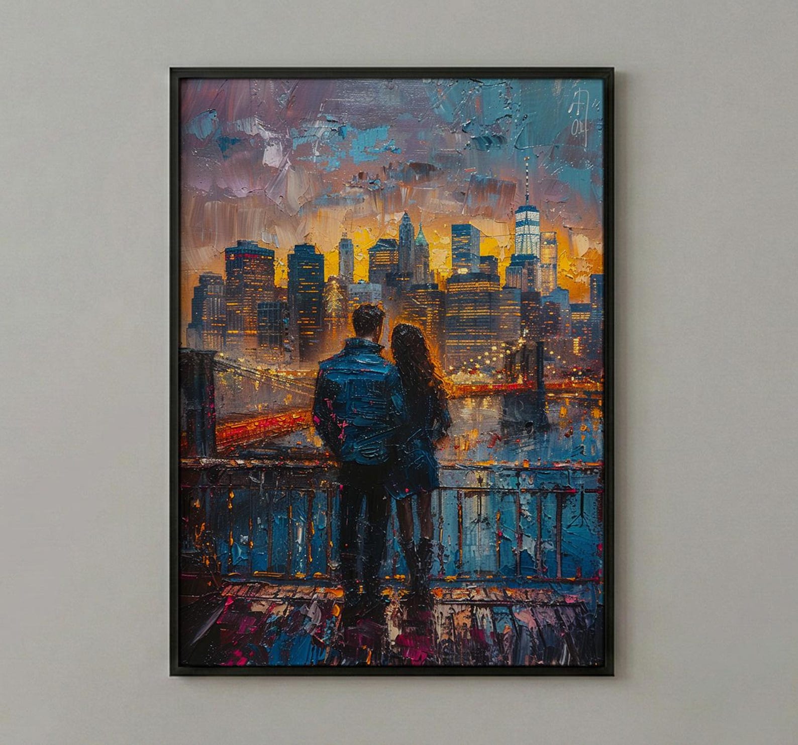 New York Wall Art, Brooklyn Bridge Couple Print, NYC Skyline Painting, Romantic Anniversary Gift, Urban City Decor — view 3