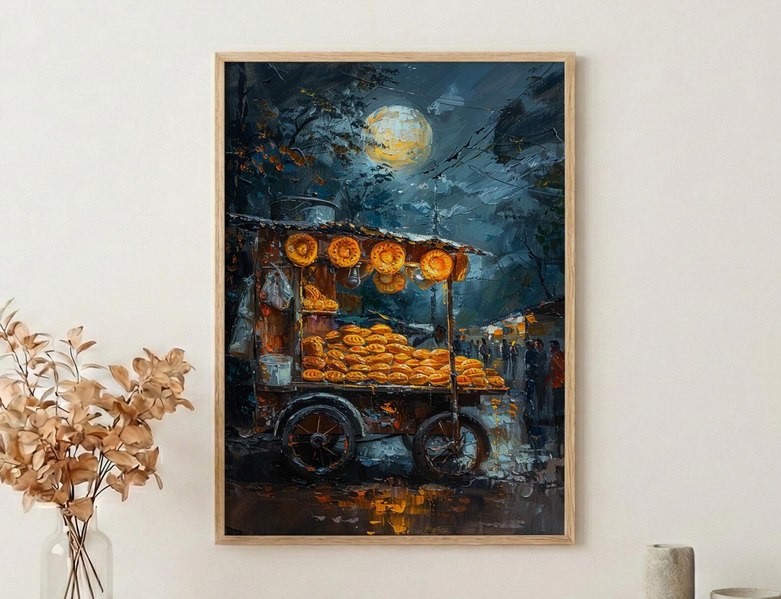 Golden Empanada Street Art Print, Latin Food Decor - Warm Evening Lantern Summer Cart — view 2